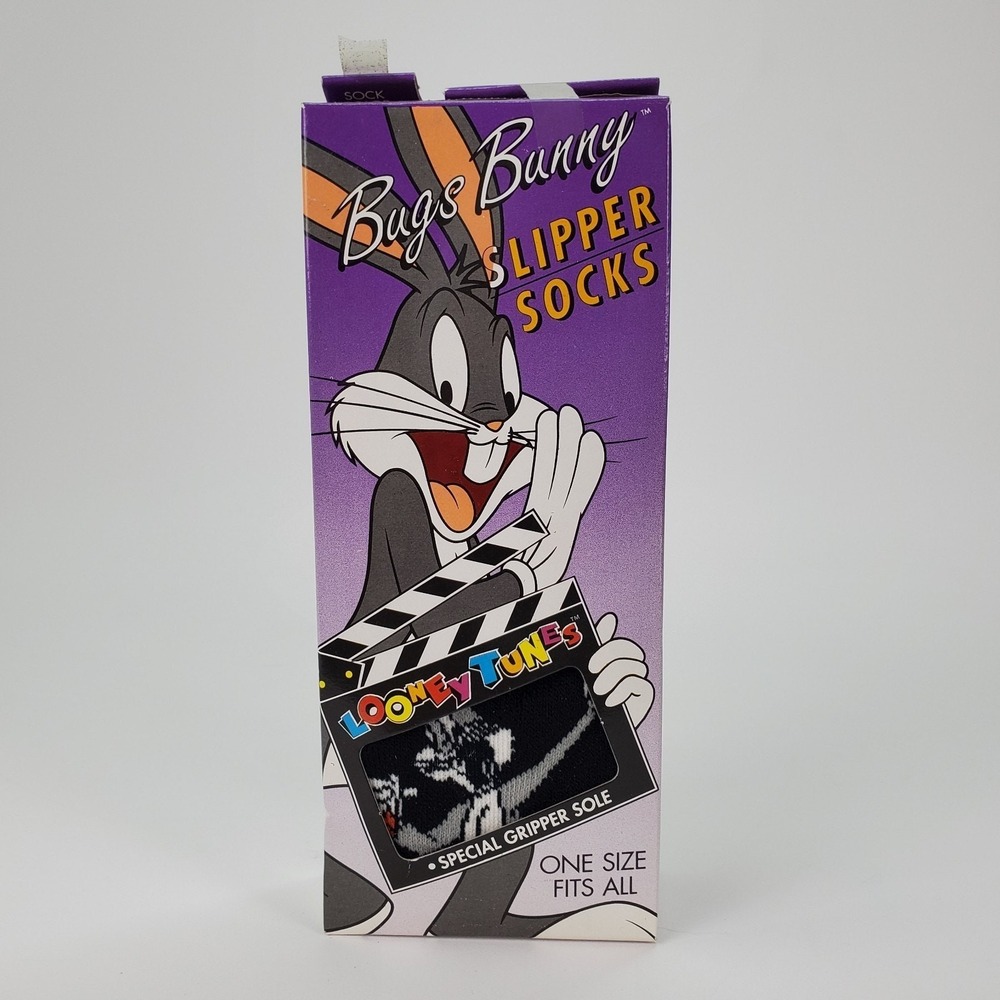 Vintage 1996 Looney Tunes Bugs Bunny Slipper Socks Fleece Lined Gripper SoleOSFA